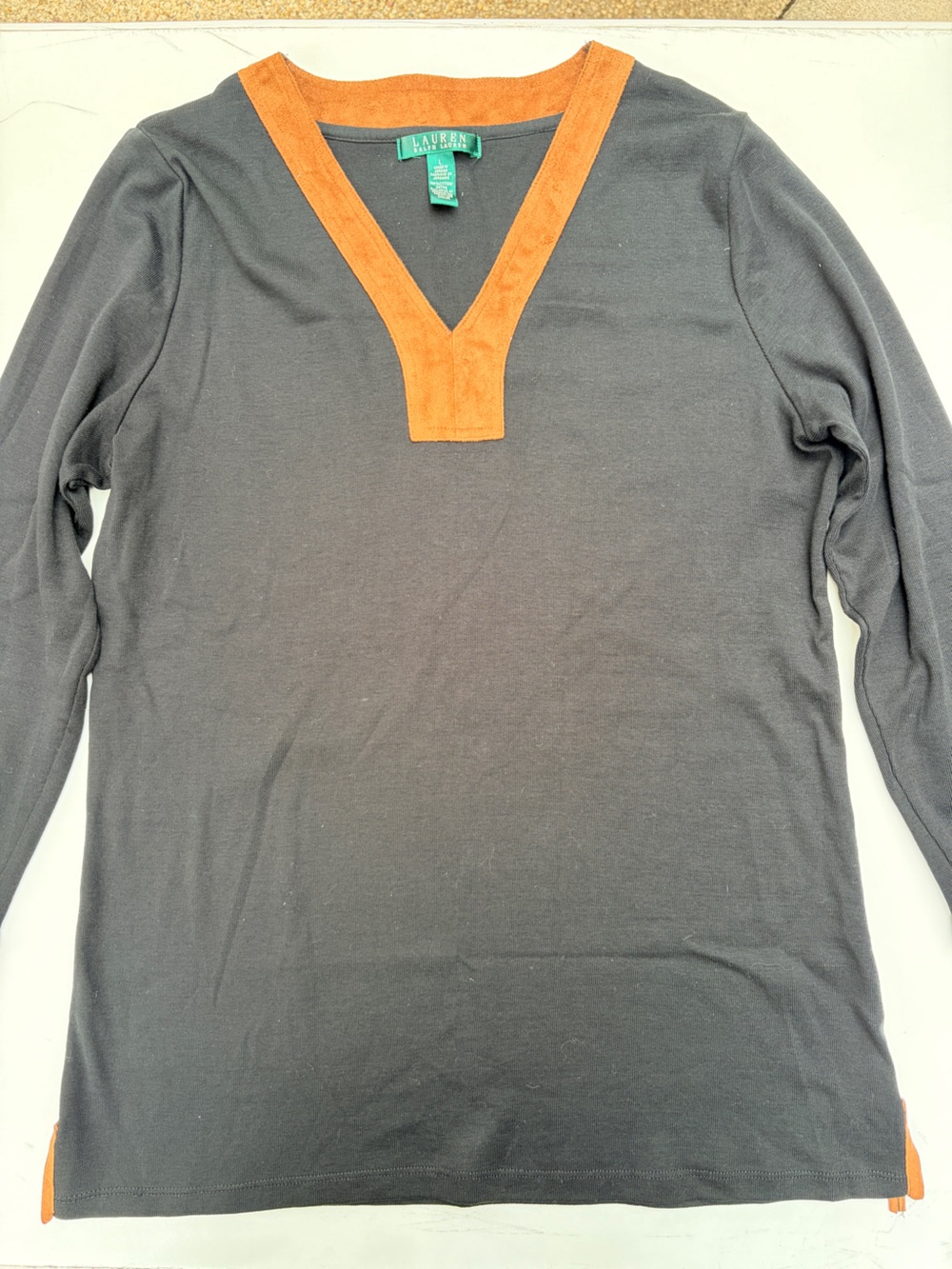 LAUREN Black Long-Sleeve Shirt with brown faux suede yoke